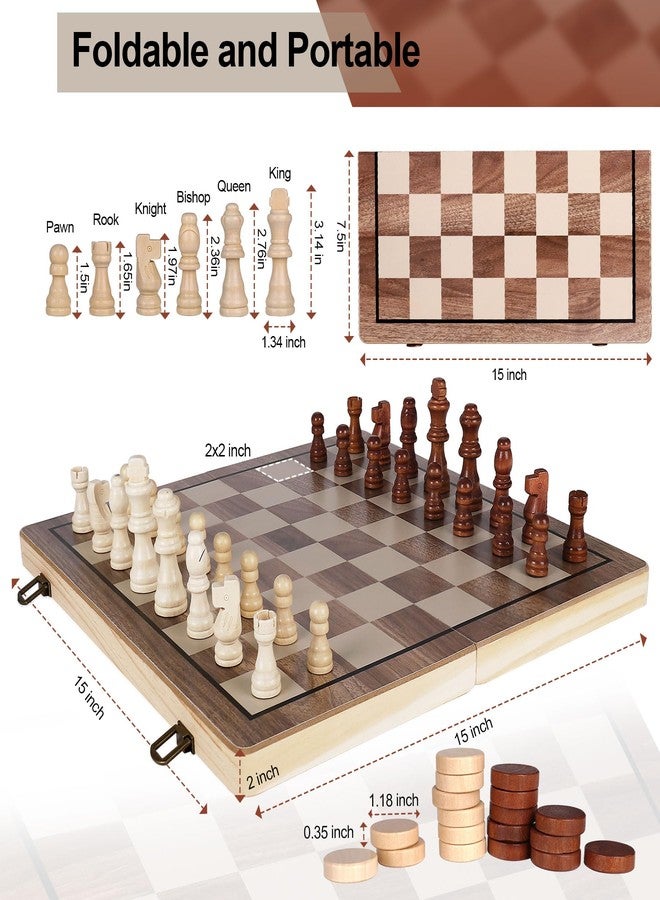 Demiwise 15 Inch Wooden Chess Sets,Chess & Checkers Set with 2 Extra Queens,Foldable Wooden Chess Set Board for Adults,Handmade Portable Chess Board Game for Familly Travelling Gift - Image 3